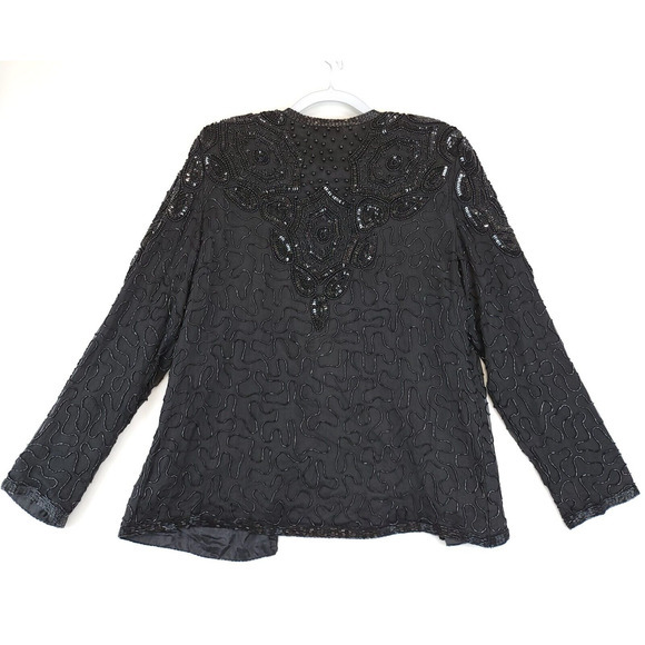Silk Open Jacket Beaded Sequin AP Ltd Women M Black Evening Cocktail Festive Vtg - Picture 2 of 16